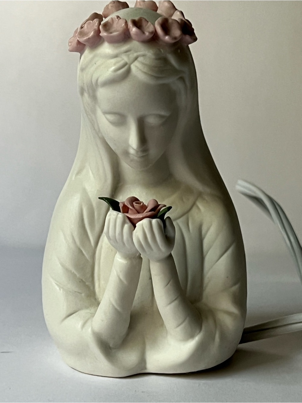 Vintage 1980’s bisque Madonna with pink roses, light up nightlight.